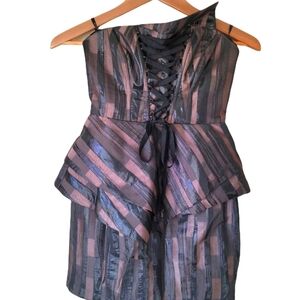 BeBe Strapless Asymmetrical Front Lace Up Corset Formal‎ Peplum Mini Dress XS